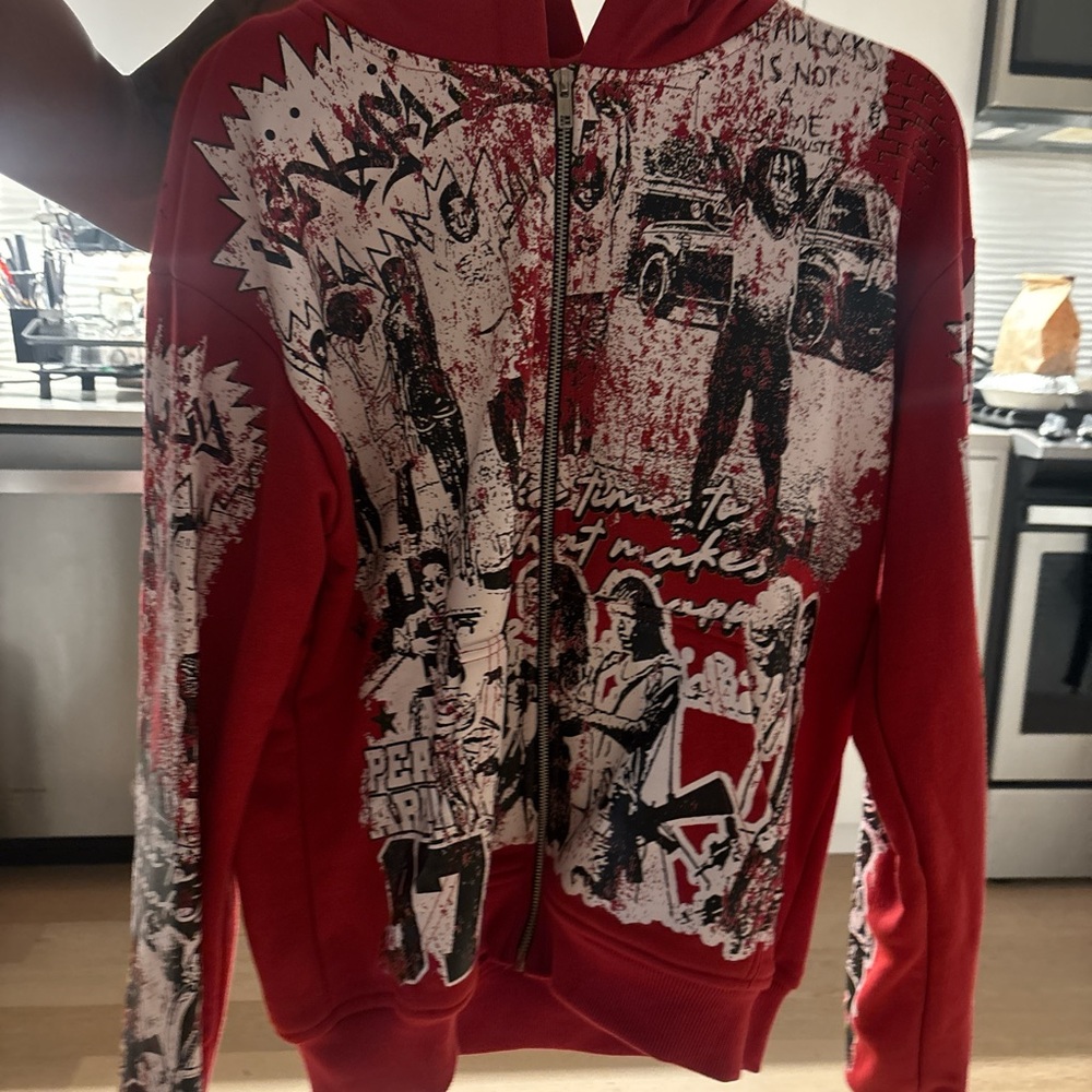 Red Graphic Zip-Up Hoodie